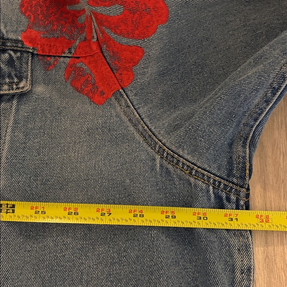 New Free People x Tricia Fix Hibiscus Floral Distressed Jean Jacket Women’s XL - Picture 7 of 16